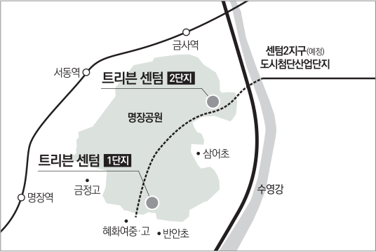 트리븐 센텀 1단지·2단지 위치 약도 (명장공원, 금사역, 서동역, 명장역, 센텀2지구 인근)