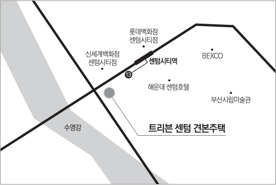트리븐 센텀 견본주택 위치 약도 (센텀시티역, 신세계·롯데백화점 센텀시티점, BEXCO 인근)