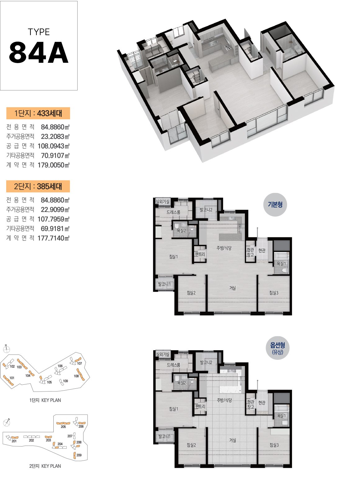 84A타입 세대 평면도와 단지별 세대수·면적표, 1단지·2단지 KEY PLAN